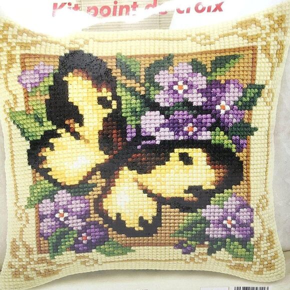 Butterfly Flower Cross Stitch Kit Pillow Front Yellow Purple Orchidea Art 9181 - Picture 1 of 3
